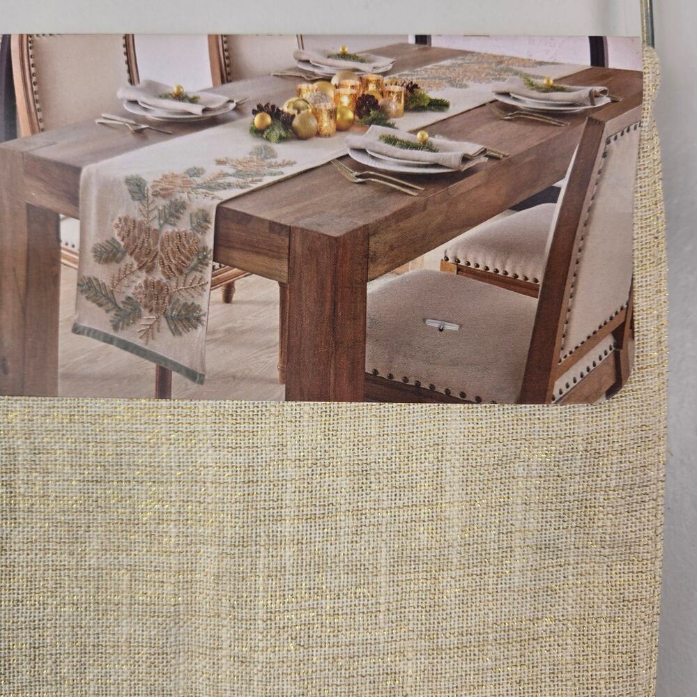 Cynthia Rowley Table Runner Beige Nature Print Beaded Holiday 14x72" FARMHOUSE